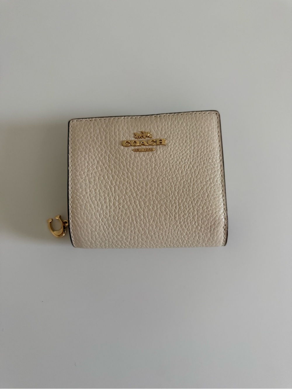 Coach Compact Pebbled Leather Wallet in Cream with Gold Hardware